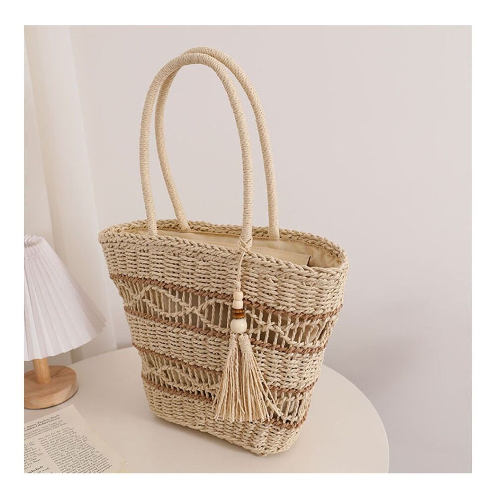 Boho Canvas-Style Straw Tote | Woven Summer Bag w/ Lining & Tassel |‎ Cream